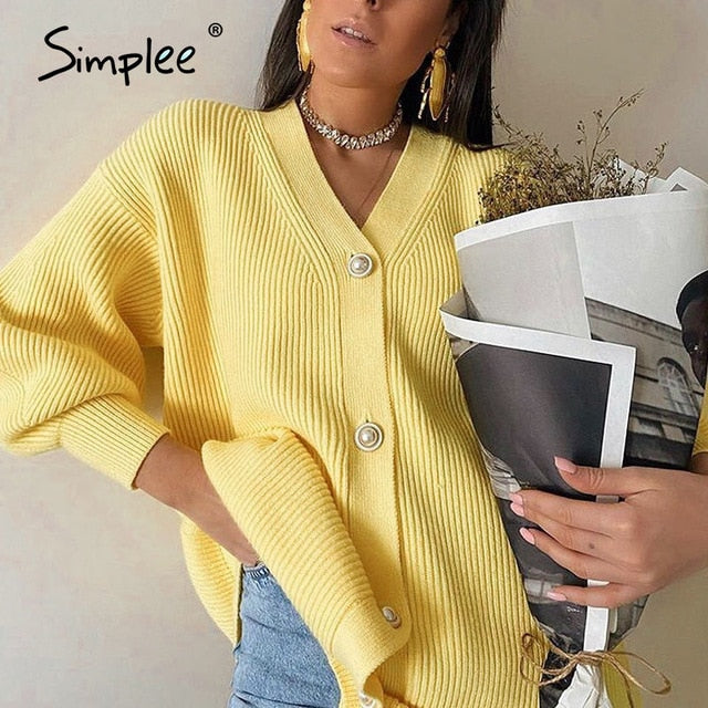Simple Casual long knitted cardigan women autumn winter yellow cardigan