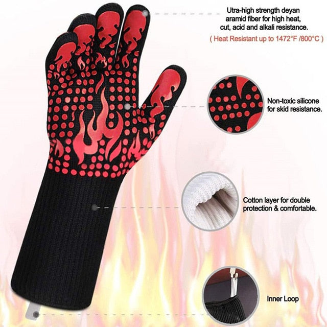 1PC BBQ Glove Heat Resistant Barbecue Oven Gloves Kitchen Fireproof Gloves Anti-scalding Anti-slip Gloves for Baking Cooking